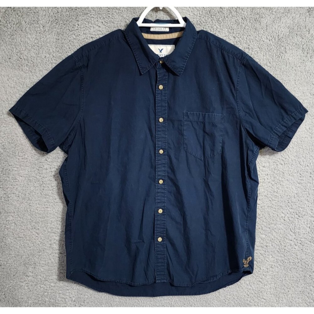 American Eagle Size XL Vintage Fit Blue Short Sleeve Button Up Shirt 100% Cotton